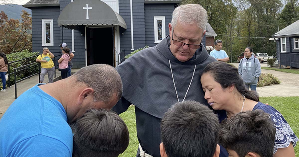 Bishop Michael T. Martin OFM Conv. Visits Areas Devastated by Hurricane Helene